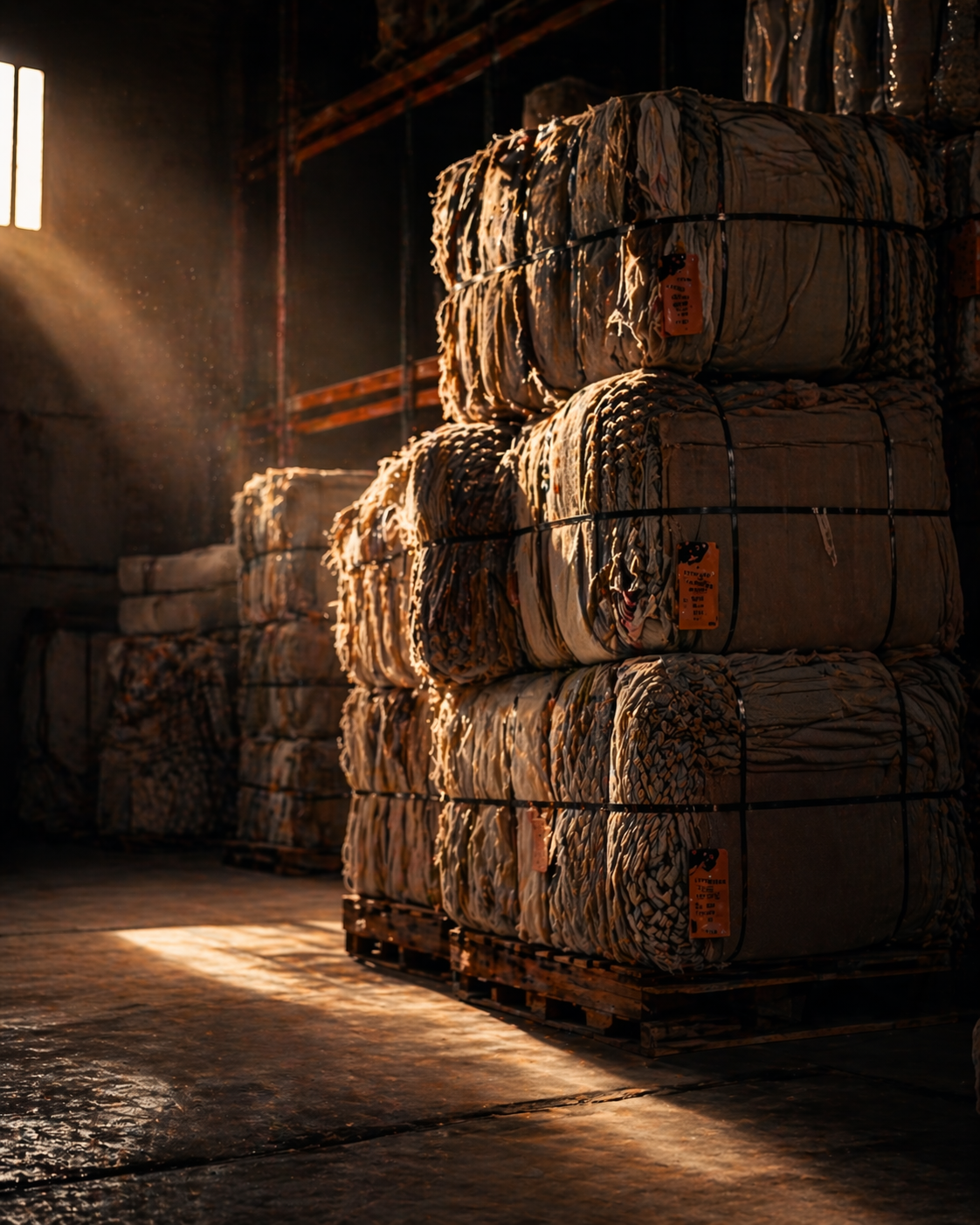 Fardos textiles compactados y listos para distribución en almacén