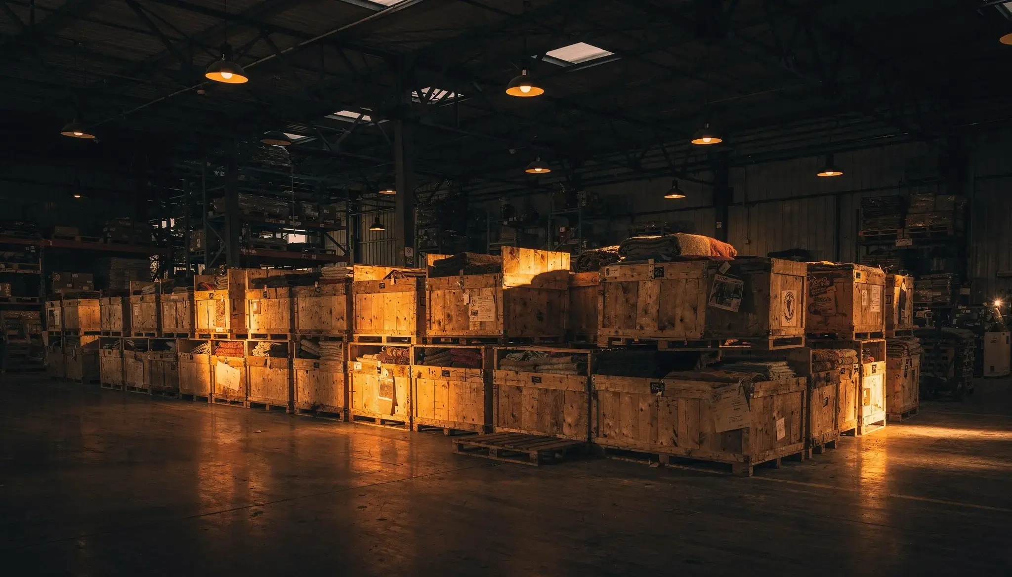 Cajas y estructuras logísticas dentro de almacén de distribución textil