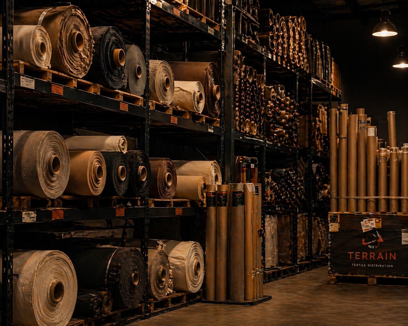Bobinas y rollos textiles organizados en estantería metálica de almacén